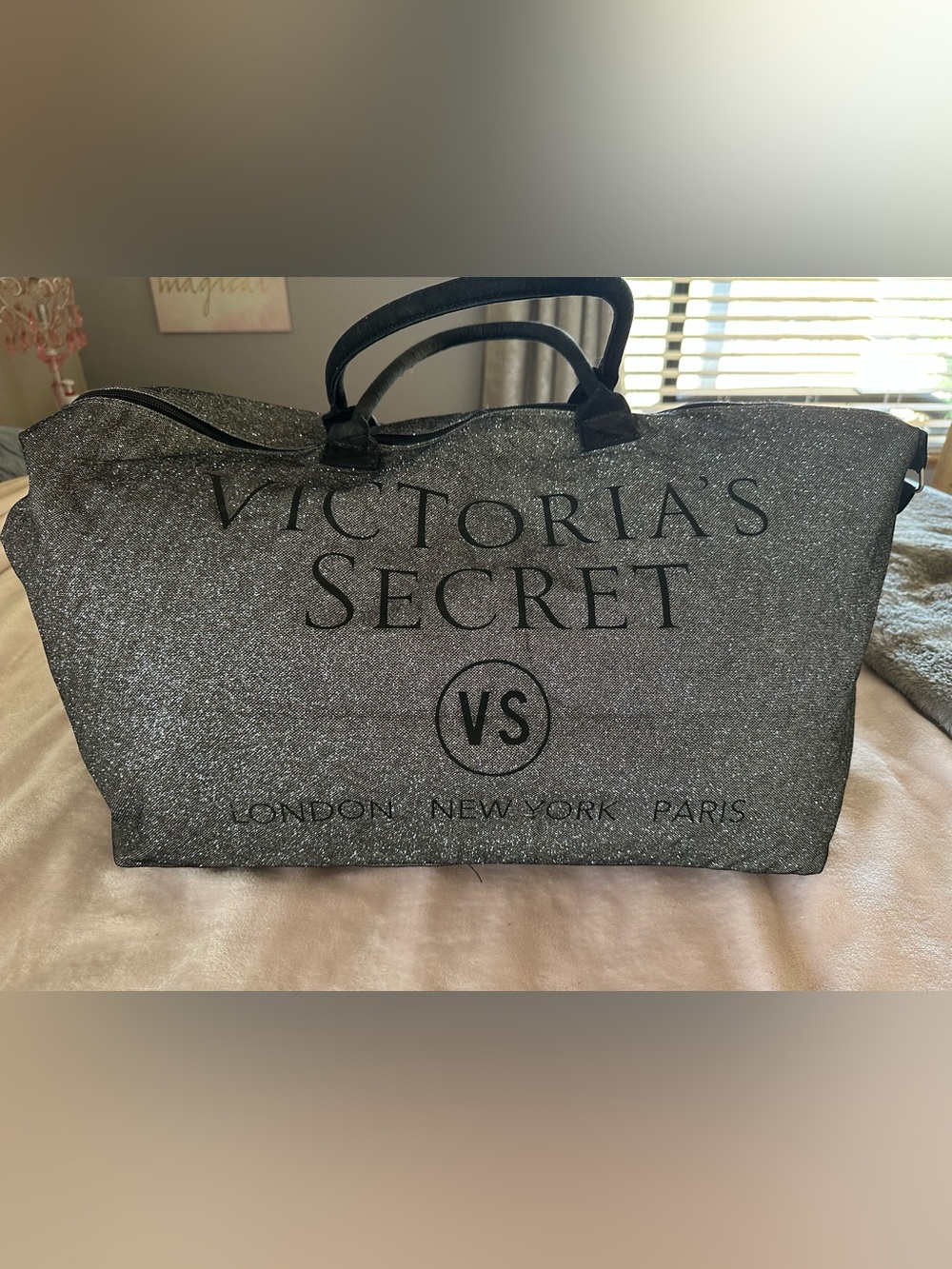 Victoria's Secret Glitter Tote in Silver and Black